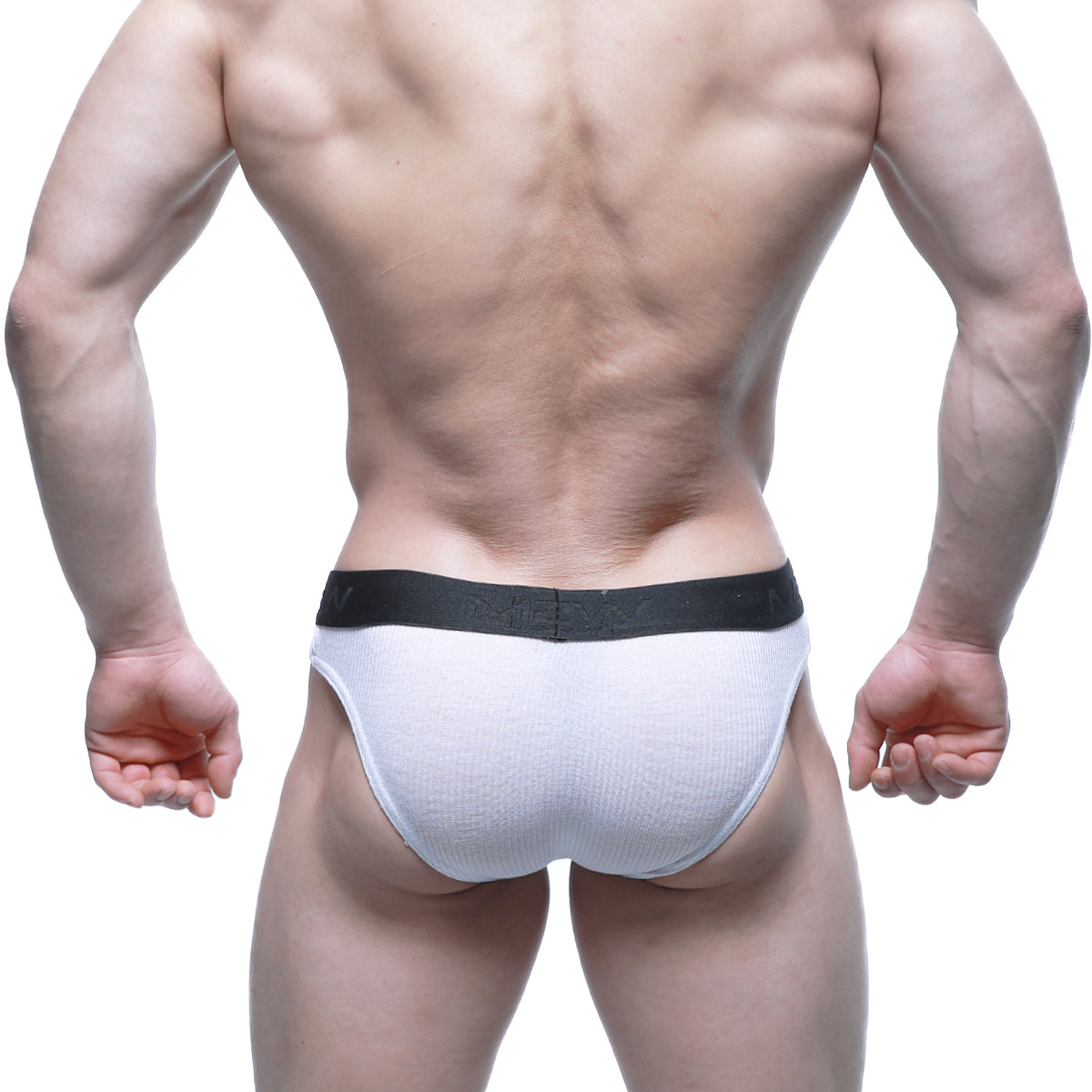 White textured briefs with a black elastic waistband branded niche metroMalewear air brief white 3803-00