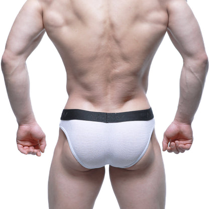 White textured briefs with a black elastic waistband branded niche metroMalewear air brief white 3803-00