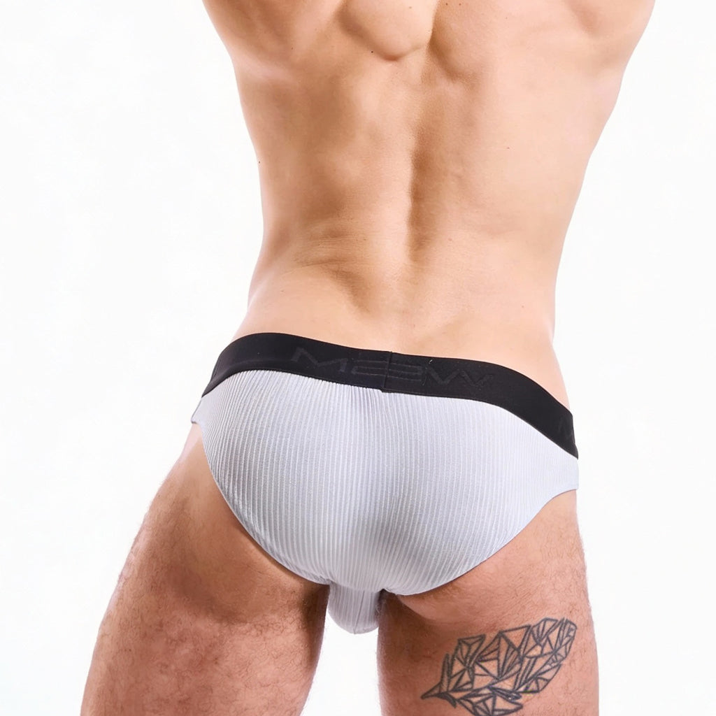 White ribbed briefs with black elastic waistband featuring meen brand name from metromalewear air brief gray 3803-10
