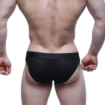 Black mesh briefs with solid waistband and metro malewear m logo breathable air brief 3803-20 front view