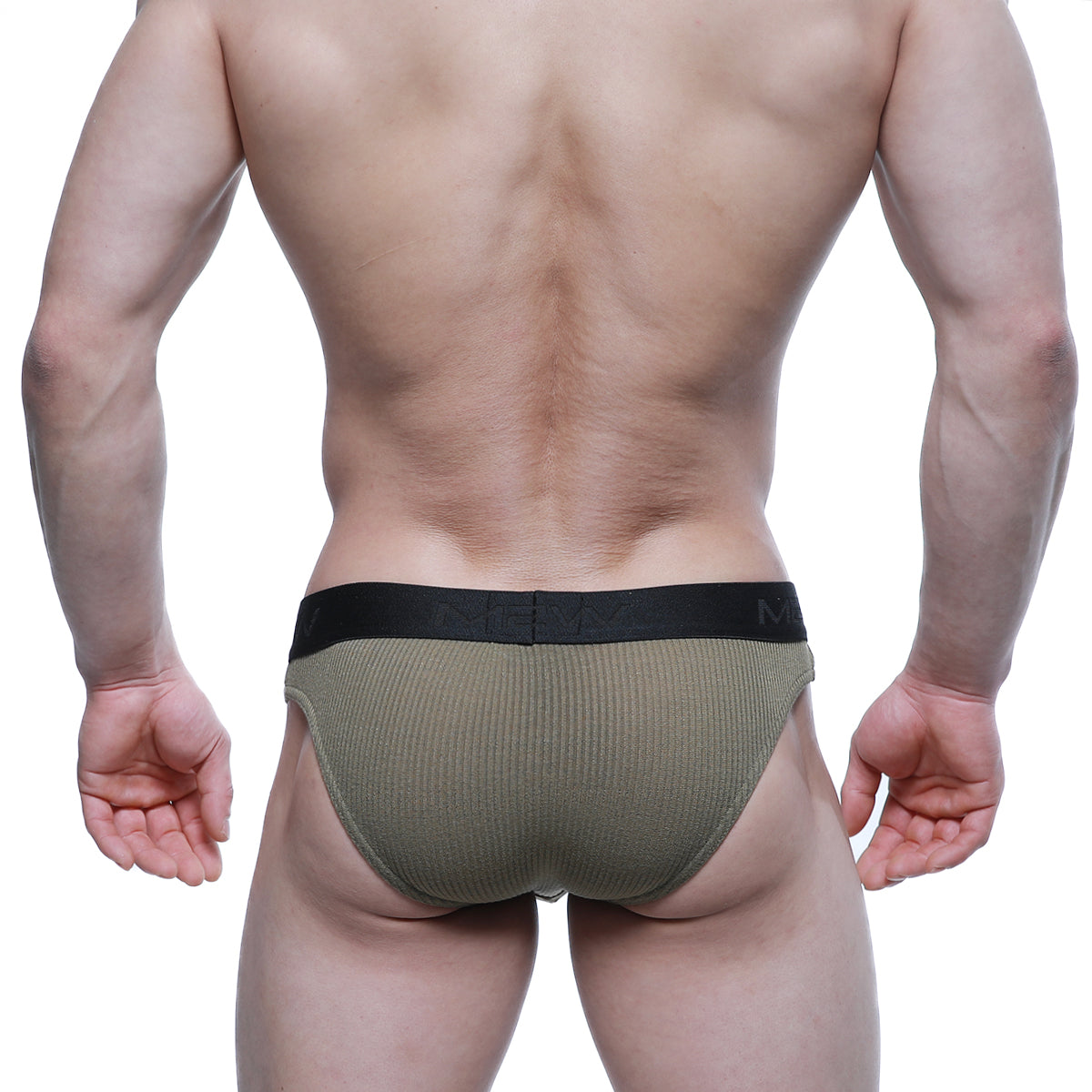 Olive green ribbed men’s briefs with black elastic waistband metroMalewear air brief khaki 3803-26 front view