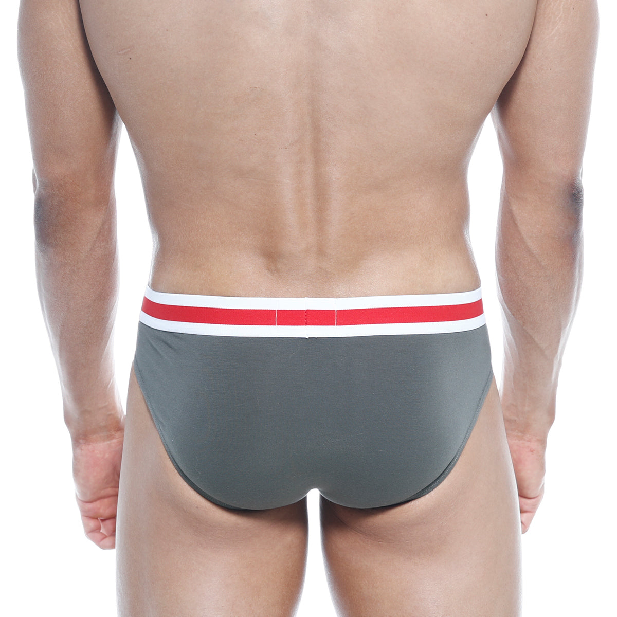 Gray briefs with a red and white striped waistband from MetroMaleWear Spartacus brief green 3804-26 collection