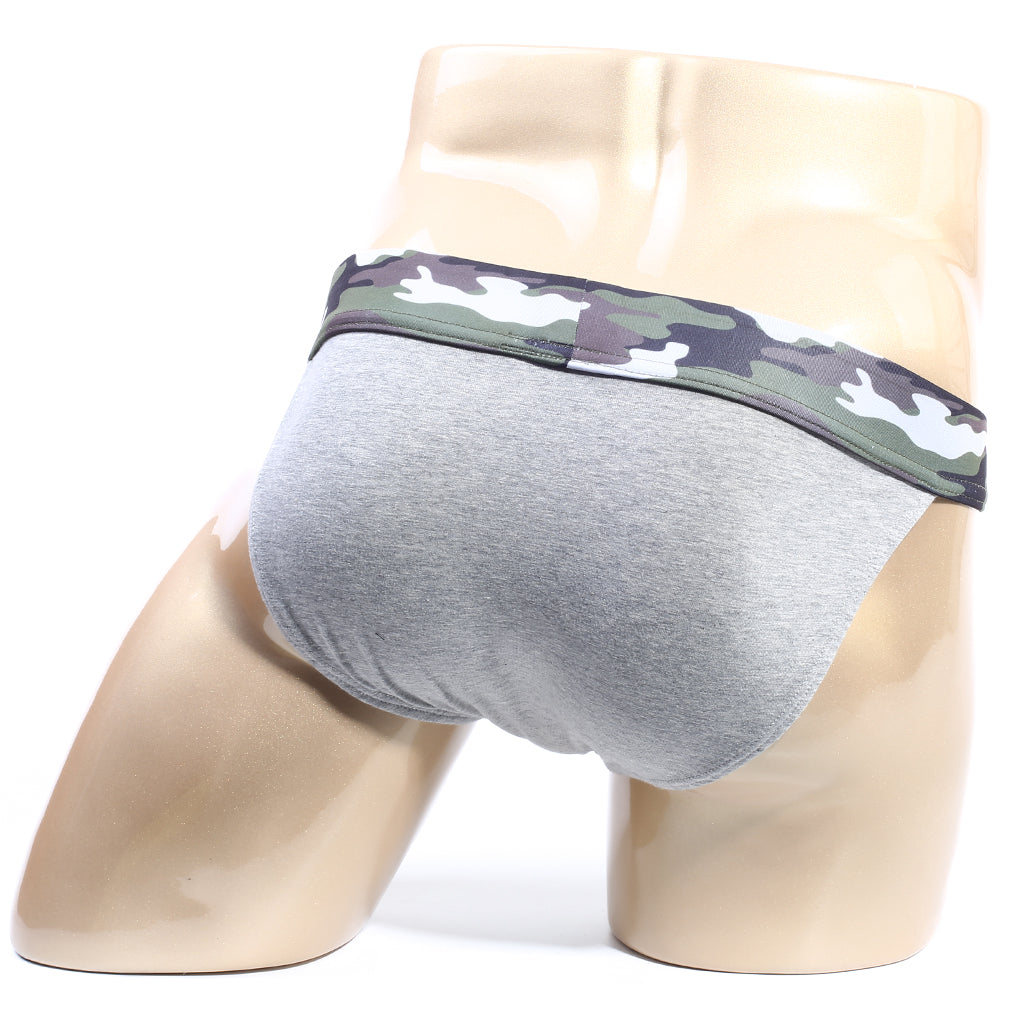 Metro male wear camp bikini gray athletic briefs with camouflage patterned waistband for active use