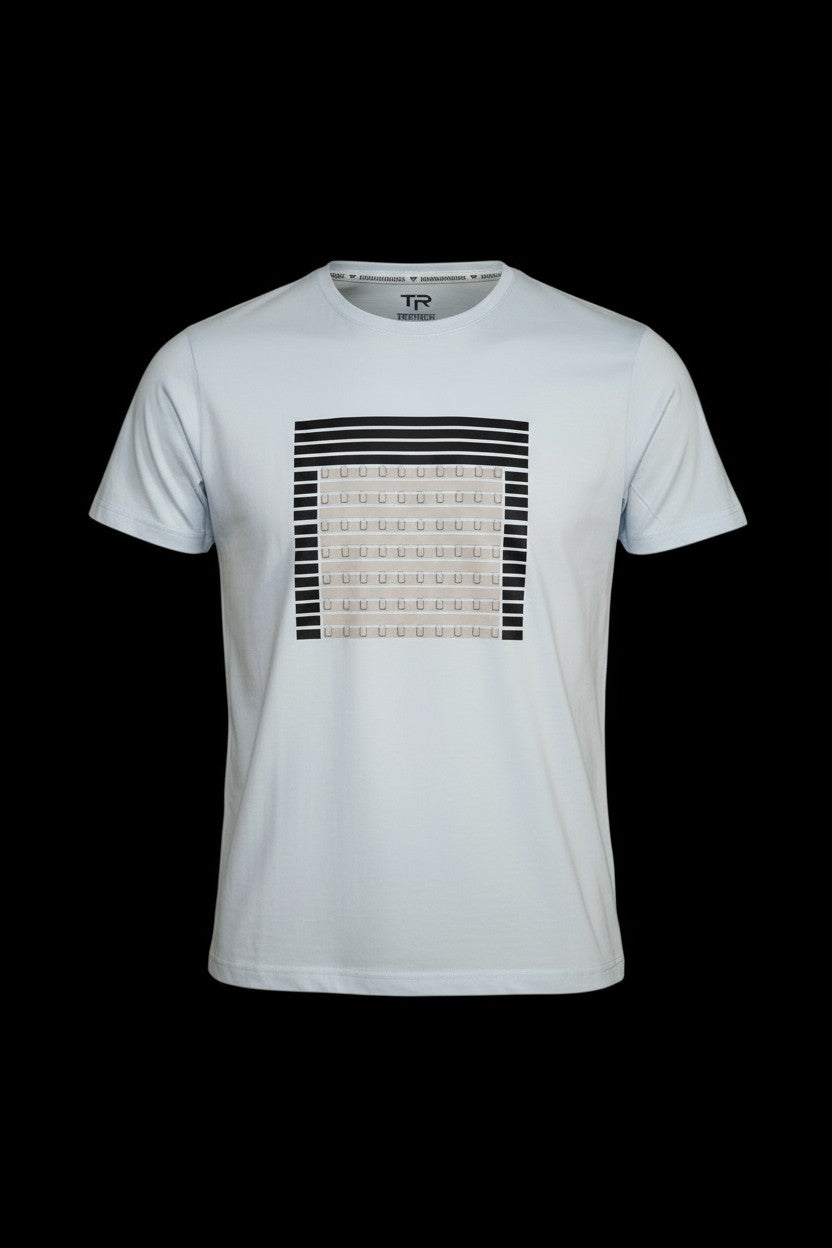 White cotton 3d abstract t-shirt with bold black and beige geometric pattern centered on the chest