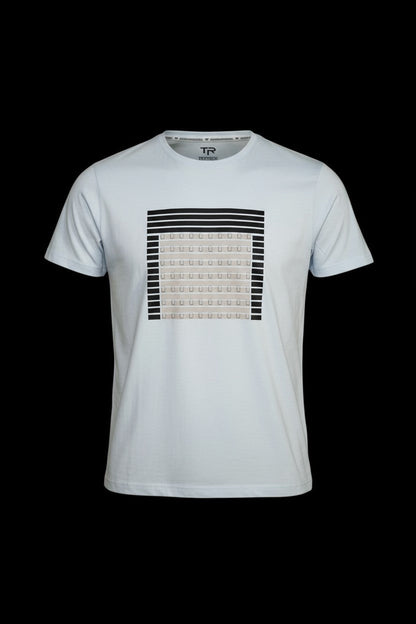 White cotton 3d abstract t-shirt with bold black and beige geometric pattern centered on the chest