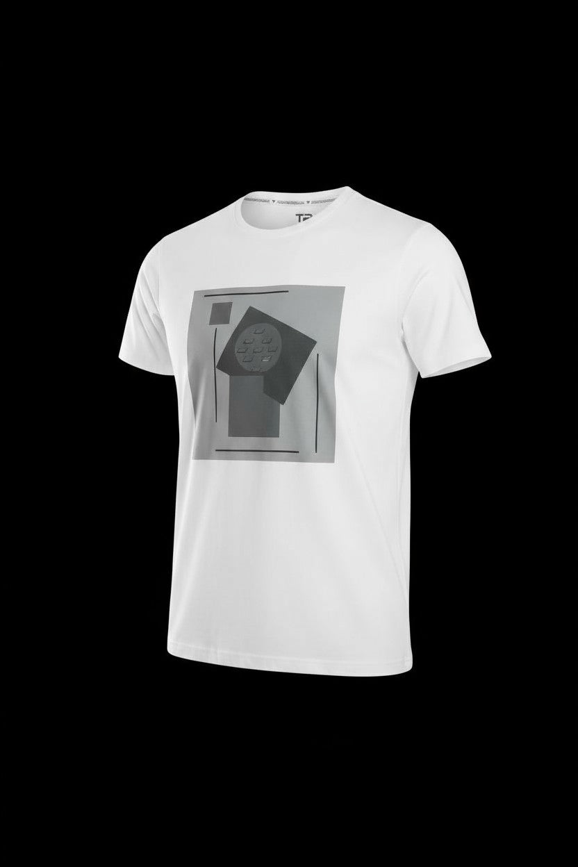 White cotton 3d abstract t-shirt with a geometric gray graphic print on the front