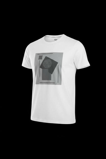 White cotton 3d abstract t-shirt with a geometric gray graphic print on the front