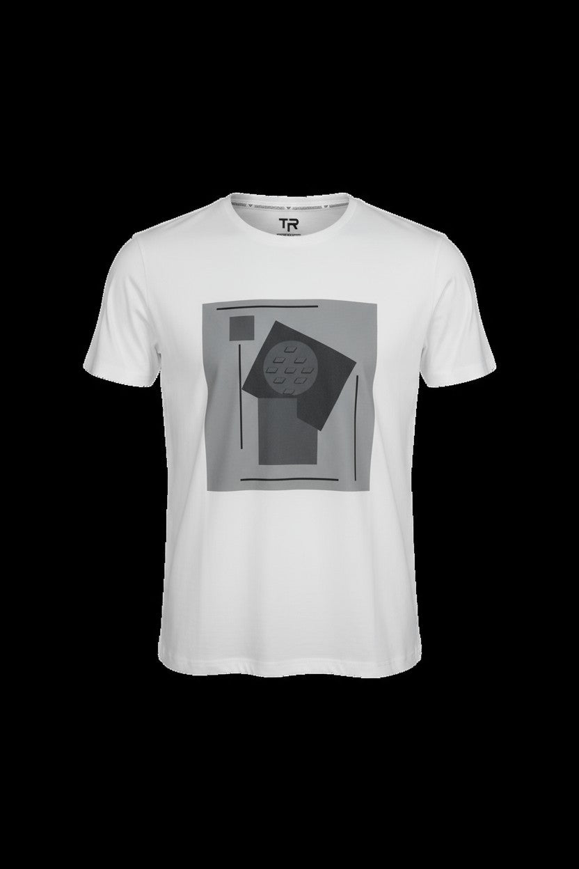 White short-sleeved t-shirt with gray abstract geometric print featuring shapes and lines in a 3d abstract design