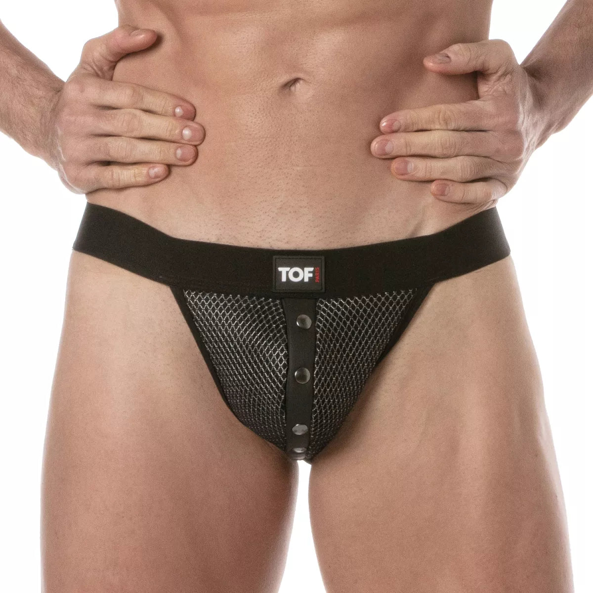 Black mesh 3d snap jockstrap brief with solid waistband silver buttons and small tof logo patch on front band