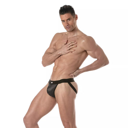 Black mesh 3d snap jockstrap briefs with solid black waistband and side straps designed for athletic use
