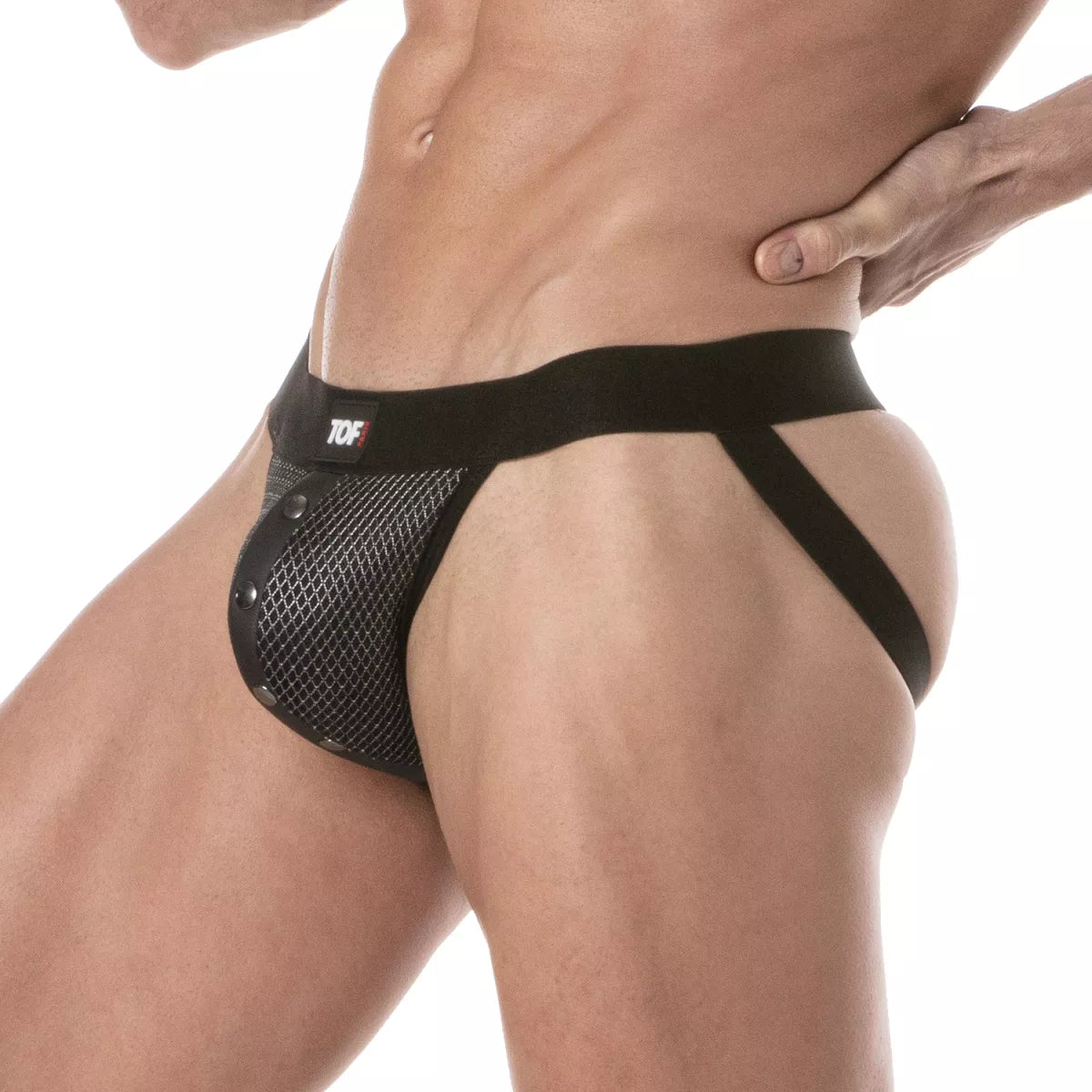 Black mesh 3d snap jockstrap briefs with solid waistband side straps and tof brand logo on front