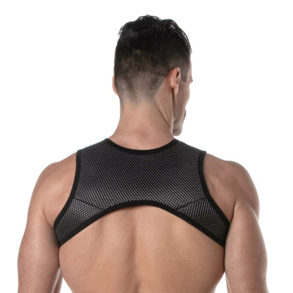 Black mesh back support with sleek form-fitting design on the back of a 3D zipped pocket harness
