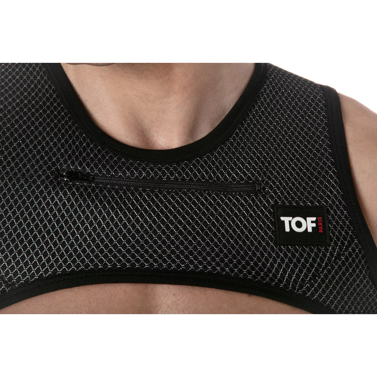 Black mesh 3D zipped pocket harness tank top with subtle silver chain pattern and front zipper pocket