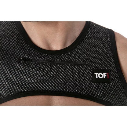 Black mesh 3D zipped pocket harness tank top with subtle silver chain pattern and front zipper pocket