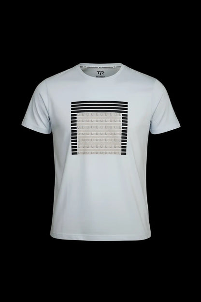 White cotton 3d abstract t-shirt with bold black and beige geometric pattern centered on the chest