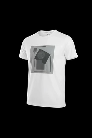 White cotton 3d abstract t-shirt with a geometric gray graphic print on the front