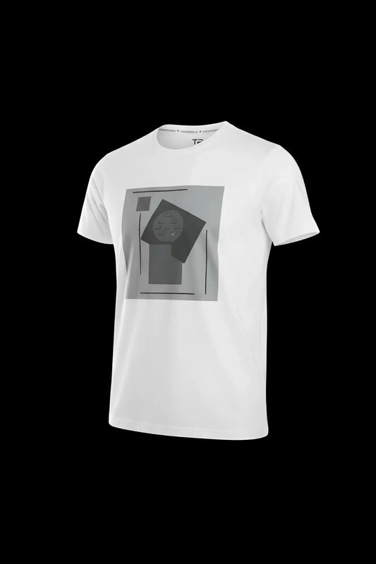White cotton 3d abstract t-shirt with a geometric gray graphic print on the front