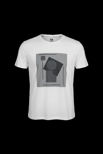 White short-sleeved t-shirt with gray abstract geometric print featuring shapes and lines in a 3d abstract design