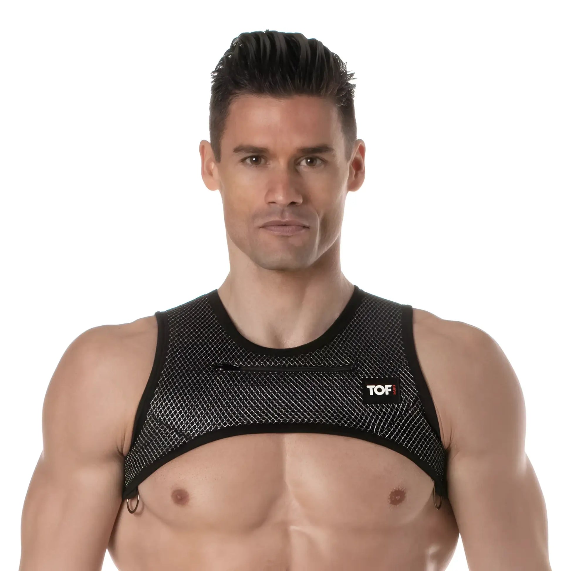 Black mesh 3d zipped pocket harness with small front pocket and tof logo on upper right side