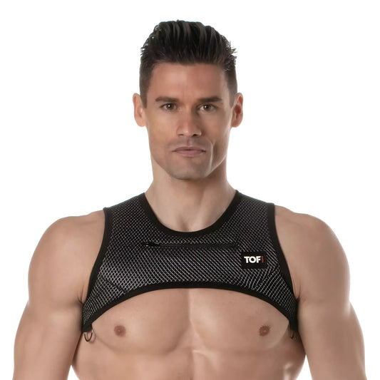 Black mesh 3d zipped pocket harness with small front pocket and tof logo on upper right side