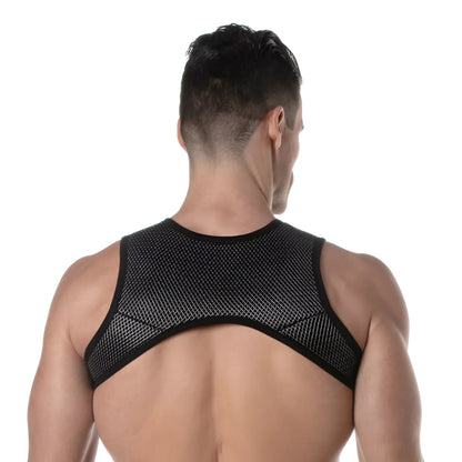 Black mesh back support with sleek form-fitting design on the back of a 3D zipped pocket harness