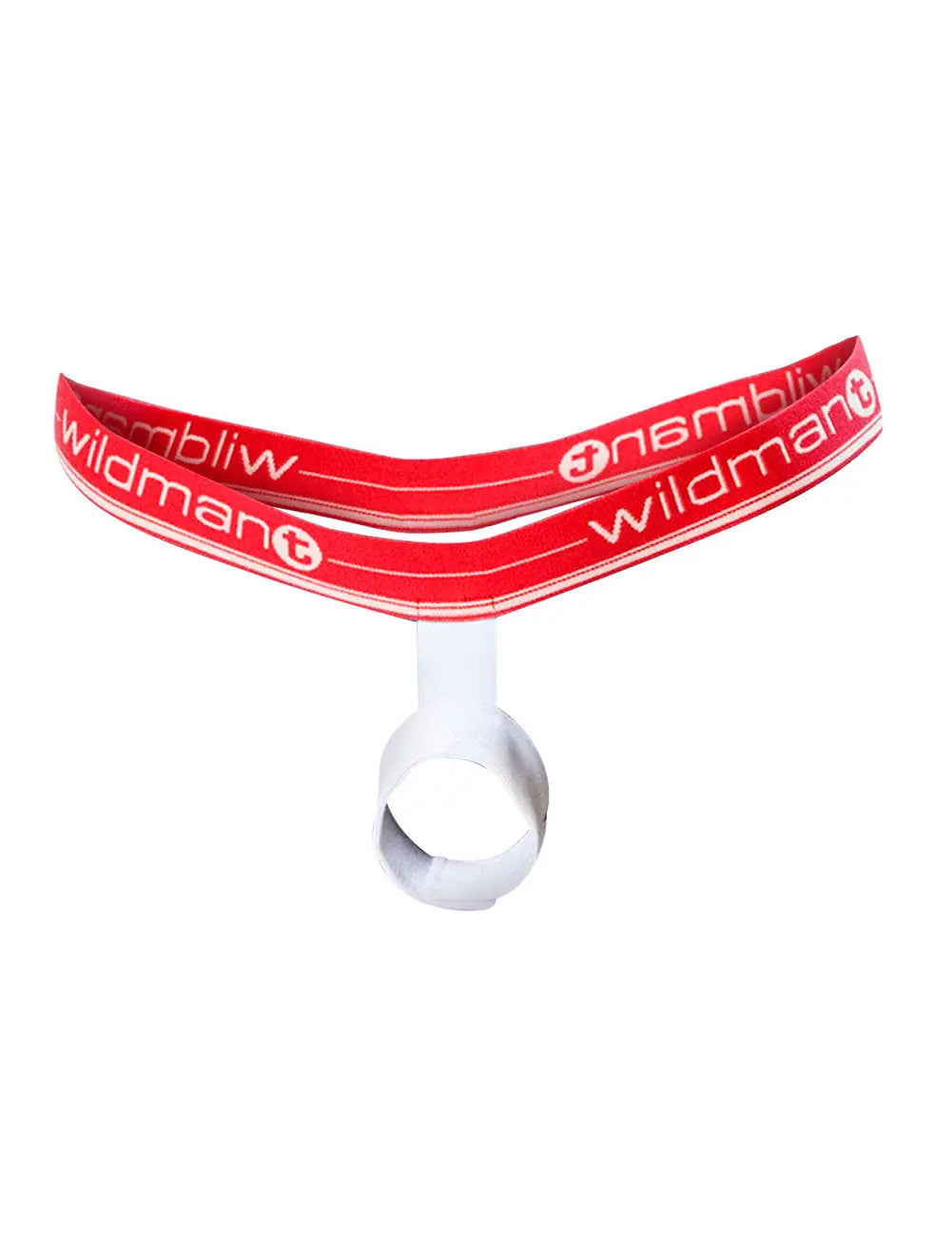 Red men's lifting thong with a white ring featuring the WildmanT logo on the waistband