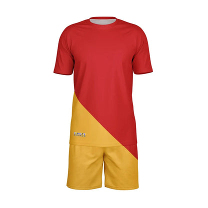 Red and yellow men's short-sleeve top and shorts set made of lightweight fabric by Maris Equi.