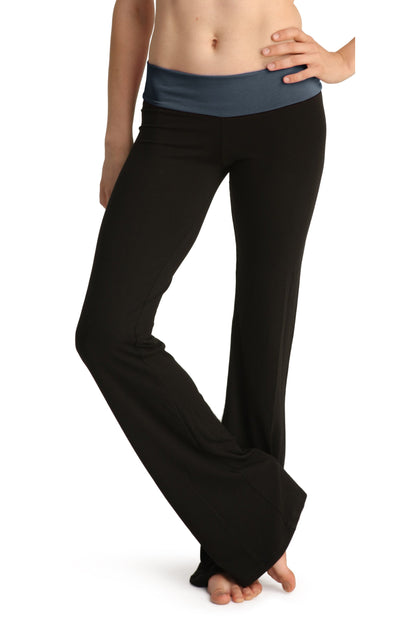 Black flared 4-rth women’s classic yoga pants with blue elastic waistband designed for comfort and stretch