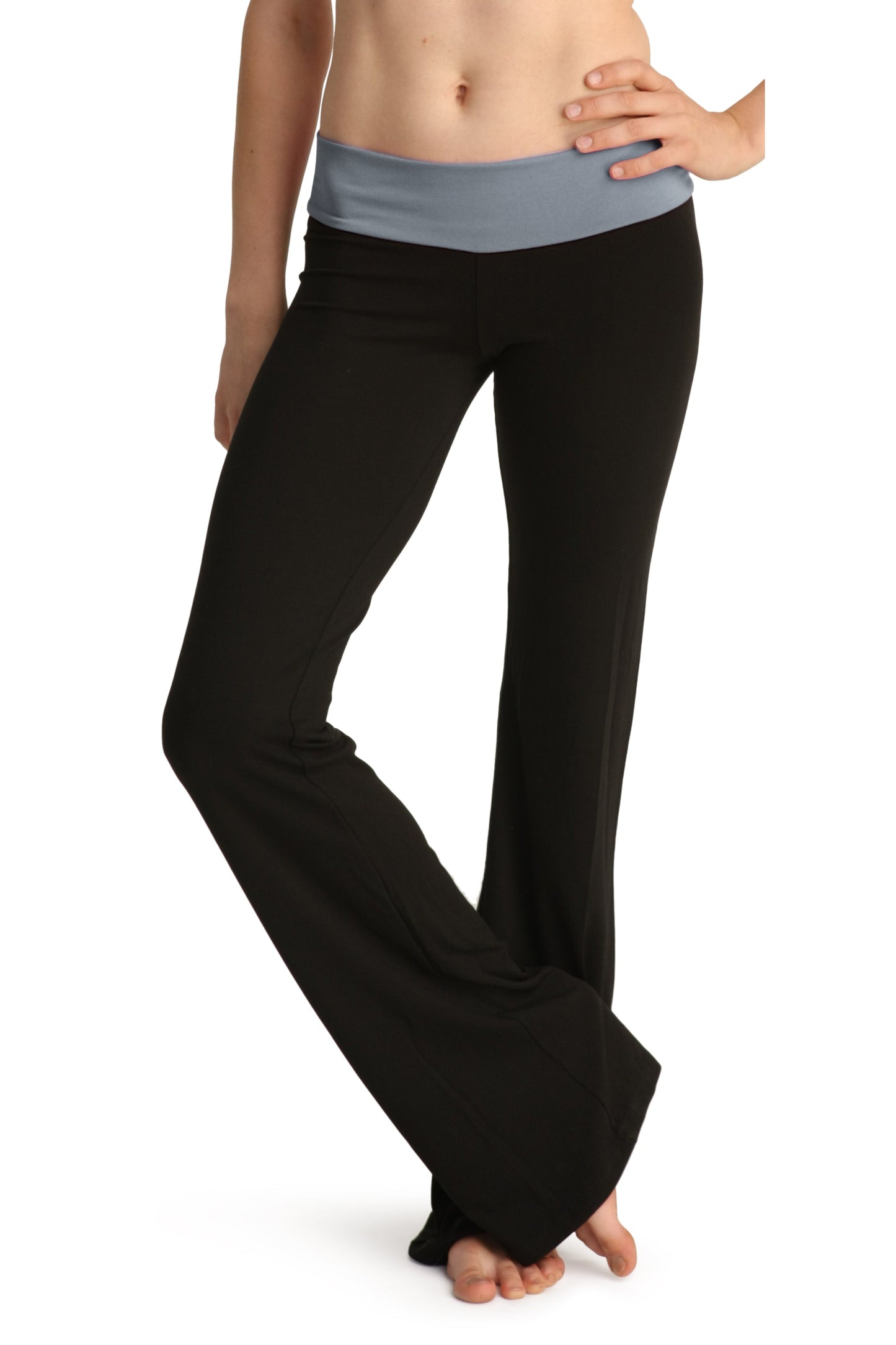 Black 4-rth women’s classic yoga pants with a light blue elastic waistband for comfortable activewear