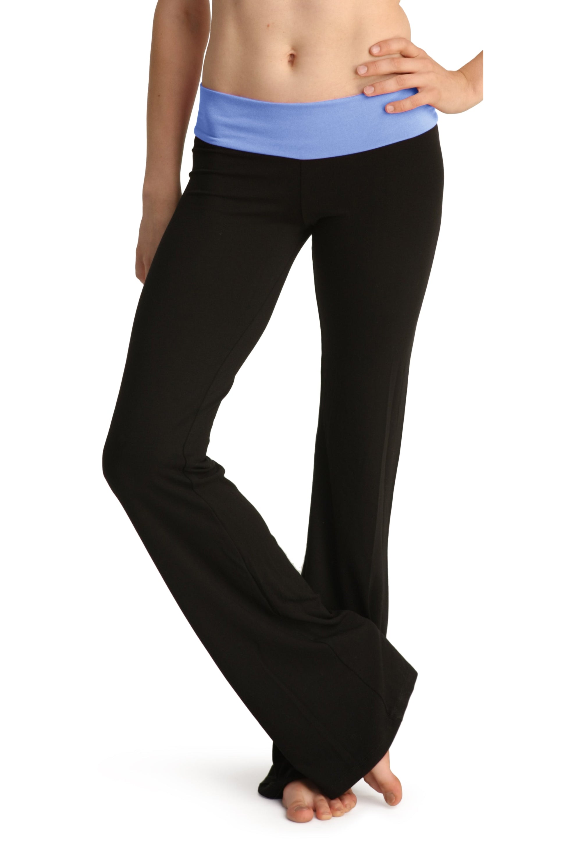 4-rth women’s classic yoga pant in black with light blue elastic waistband designed for comfort and flexibility