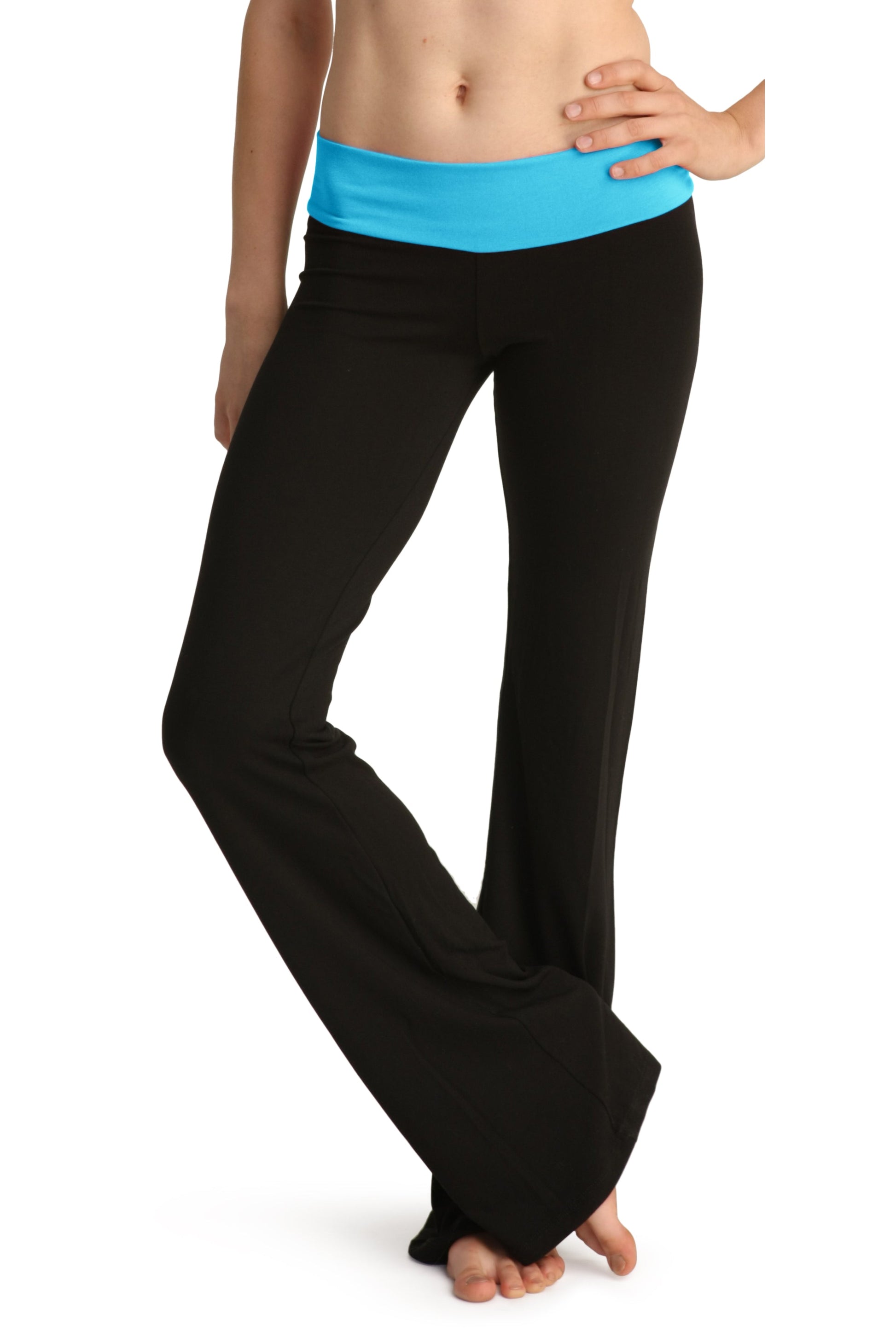 Black flared 4-rth women’s classic yoga pants with bright blue elastic waistband for comfortable activewear