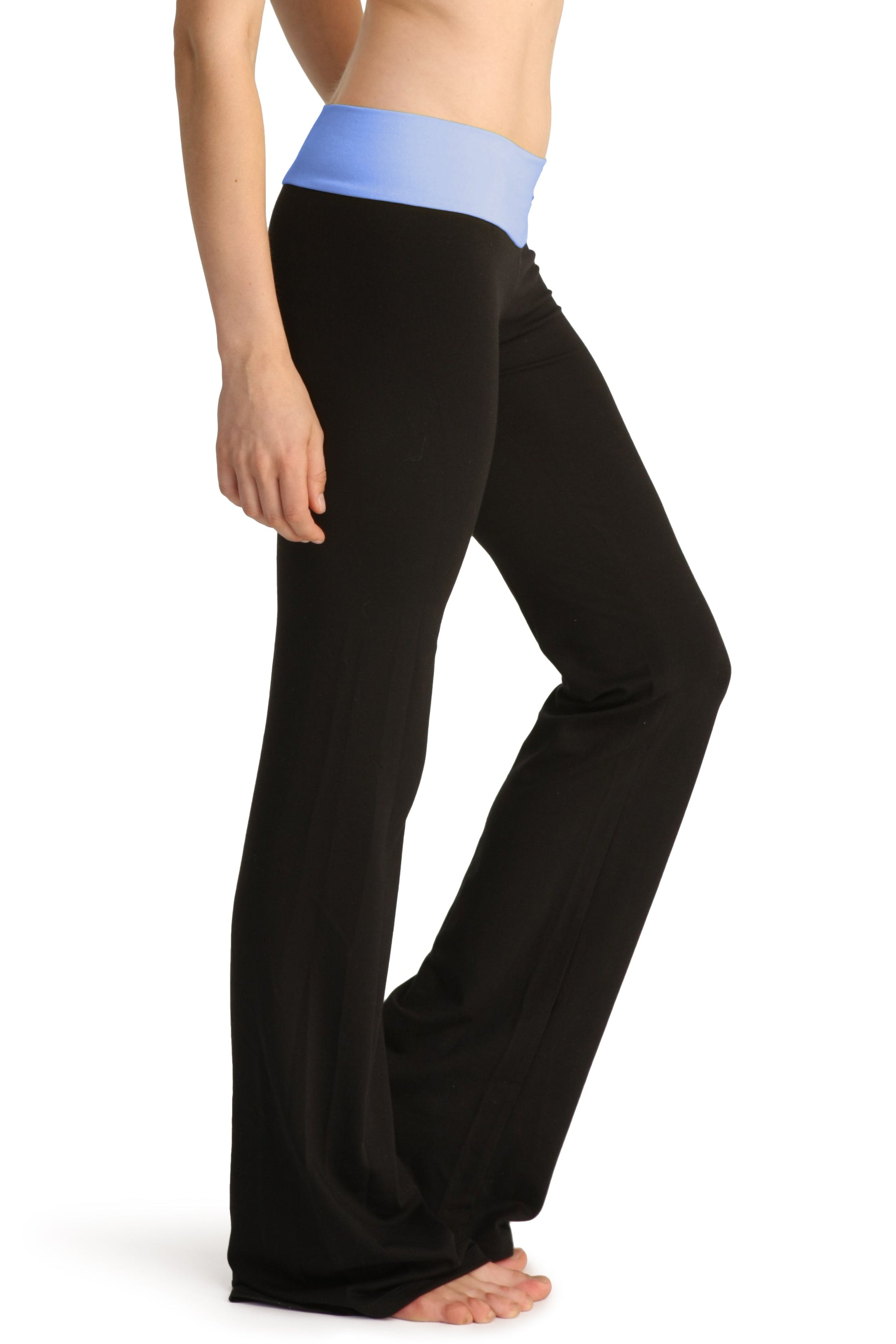 4-rth women’s classic yoga pant in black wide-leg design with a contrasting light blue elastic waistband