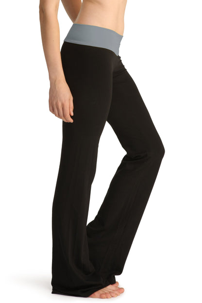 4-rth women’s classic yoga pant in black with wide legs and contrasting gray elastic waistband for comfort