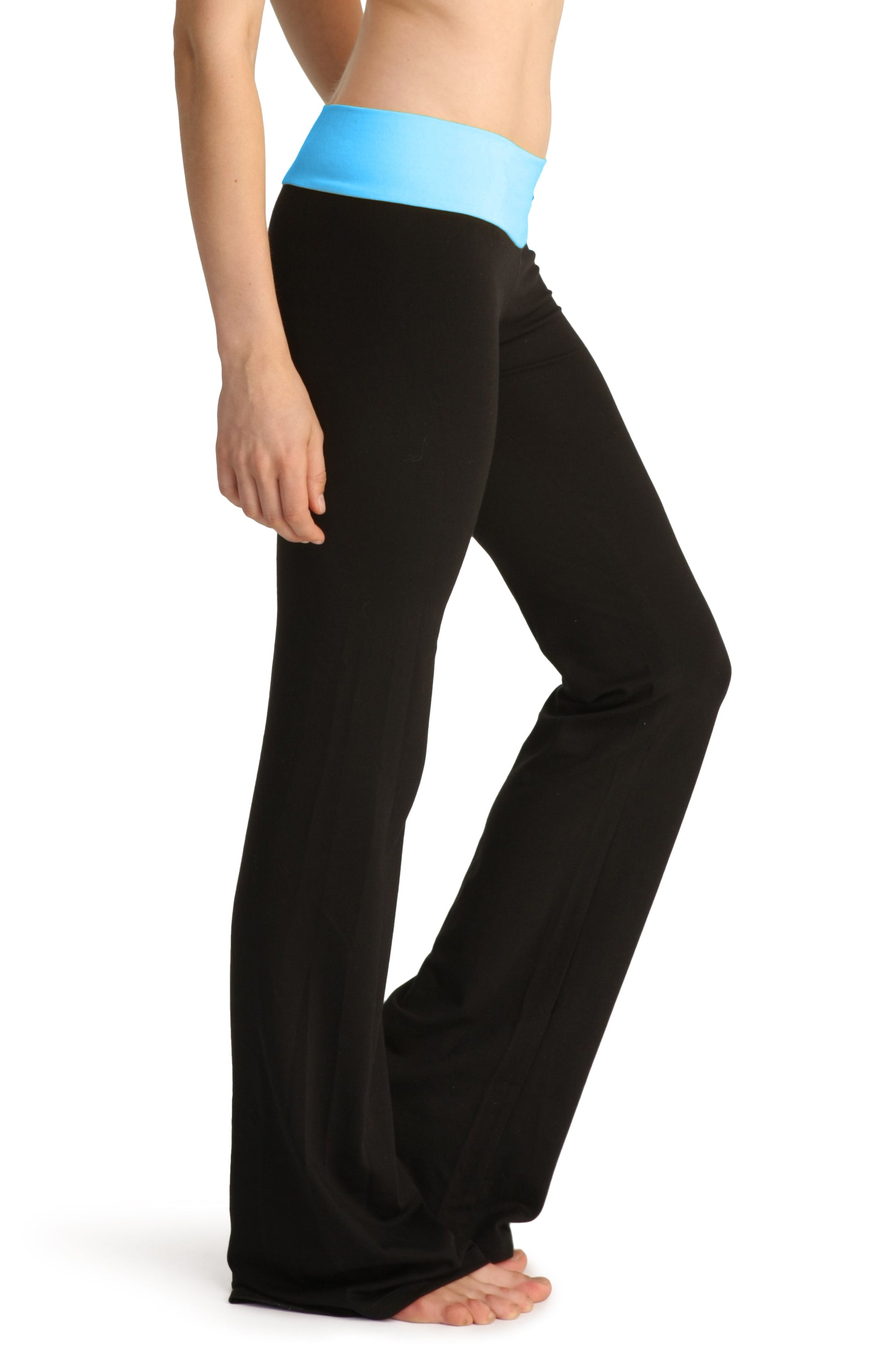 4-rth women’s classic yoga pant in black high-waisted design with a contrasting light blue elastic waistband