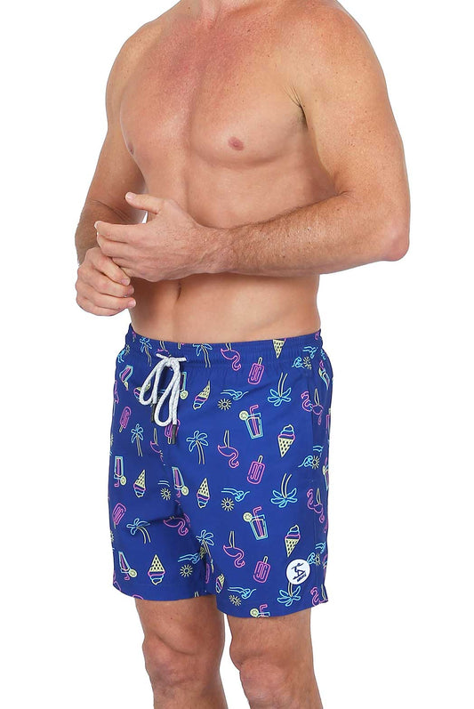 Blue 4 way stretch swim short with white drawstrings and neon ice cream flamingo and tropical drink pattern