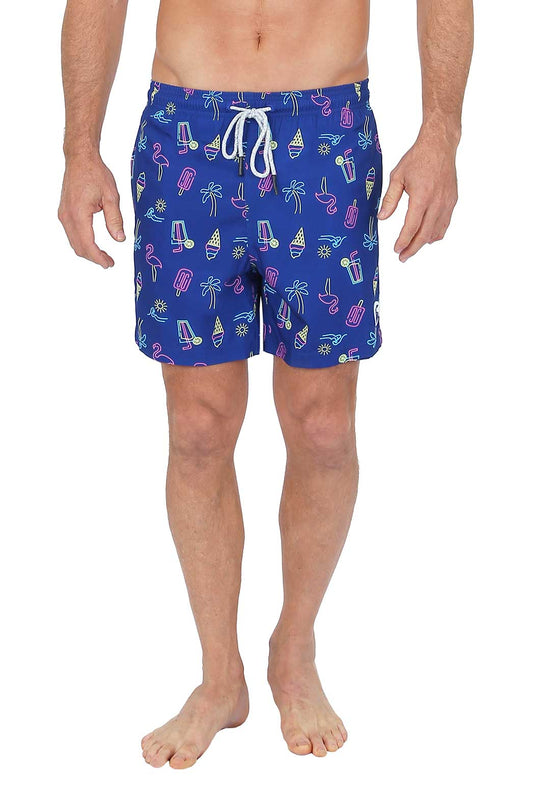Blue 4 way stretch swim short with neon pink yellow and white flamingo ice cream palm tree and popsicle pattern