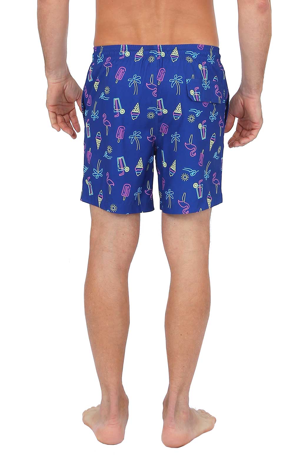 Blue 4 way stretch swim shorts with neon pink purple and yellow tropical icons like flamingos and palm trees