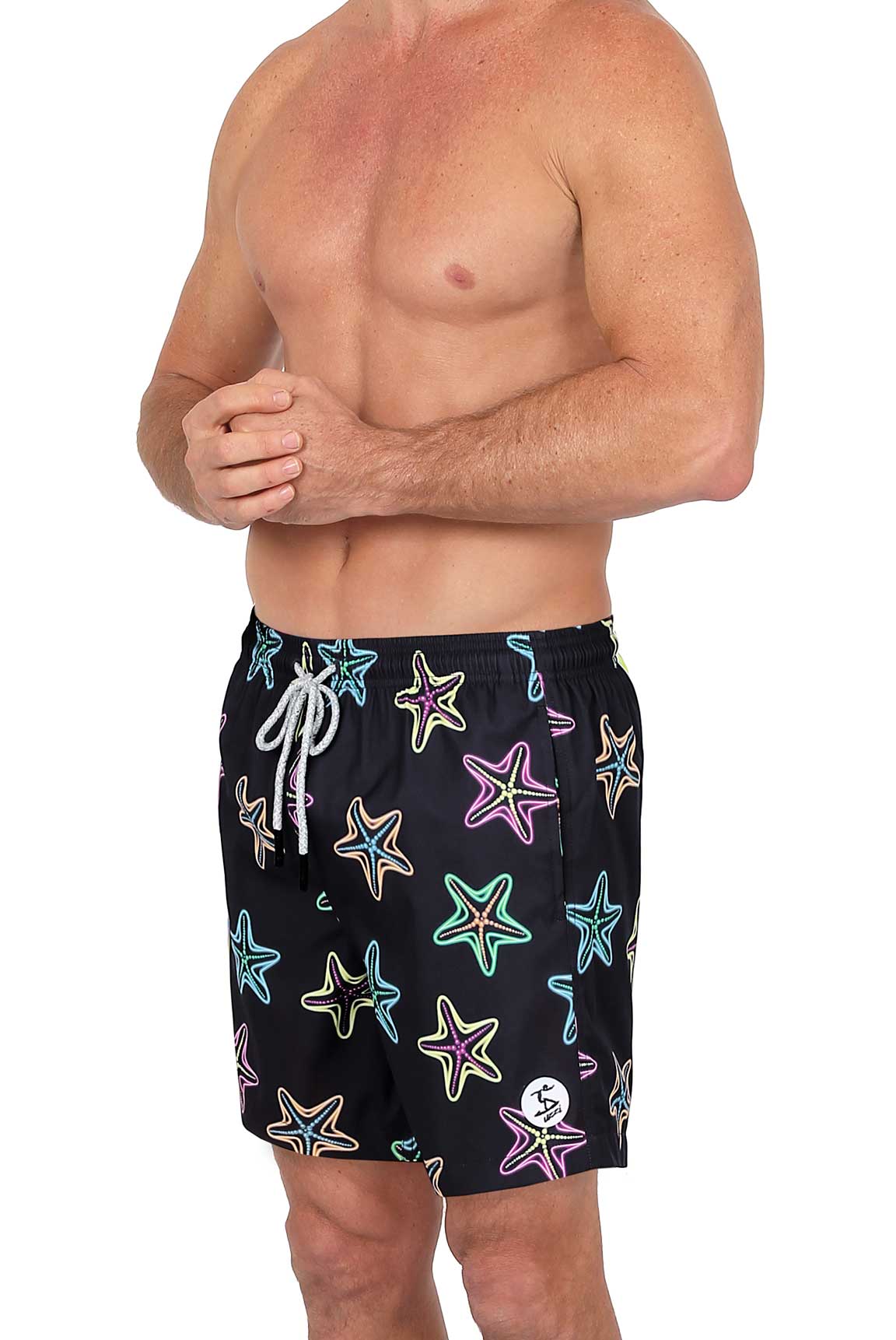 Black 4 way stretch swim short with vibrant multicolored starfish pattern neon outlines and white drawstrings