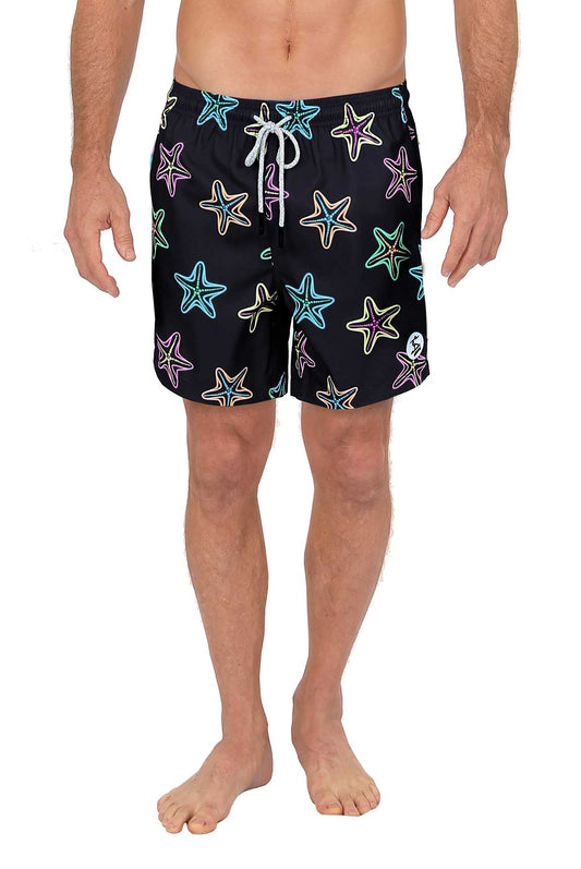 Black 4 way stretch swim short with vibrant neon blue pink and green star pattern and white drawstrings