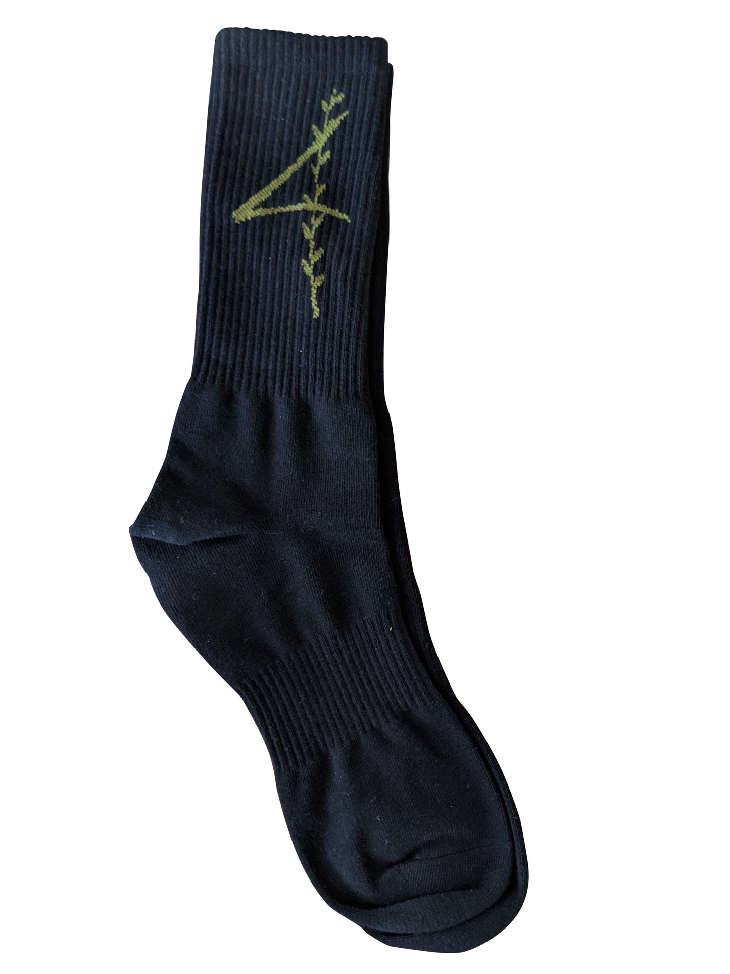 Black ribbed crew sport sock with green embroidered number four design for active use