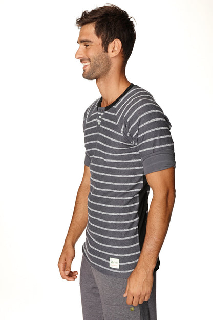 Gray and white striped short-sleeved henley tee with black collar in french terry loop charcoal w stripe by 4-rth
