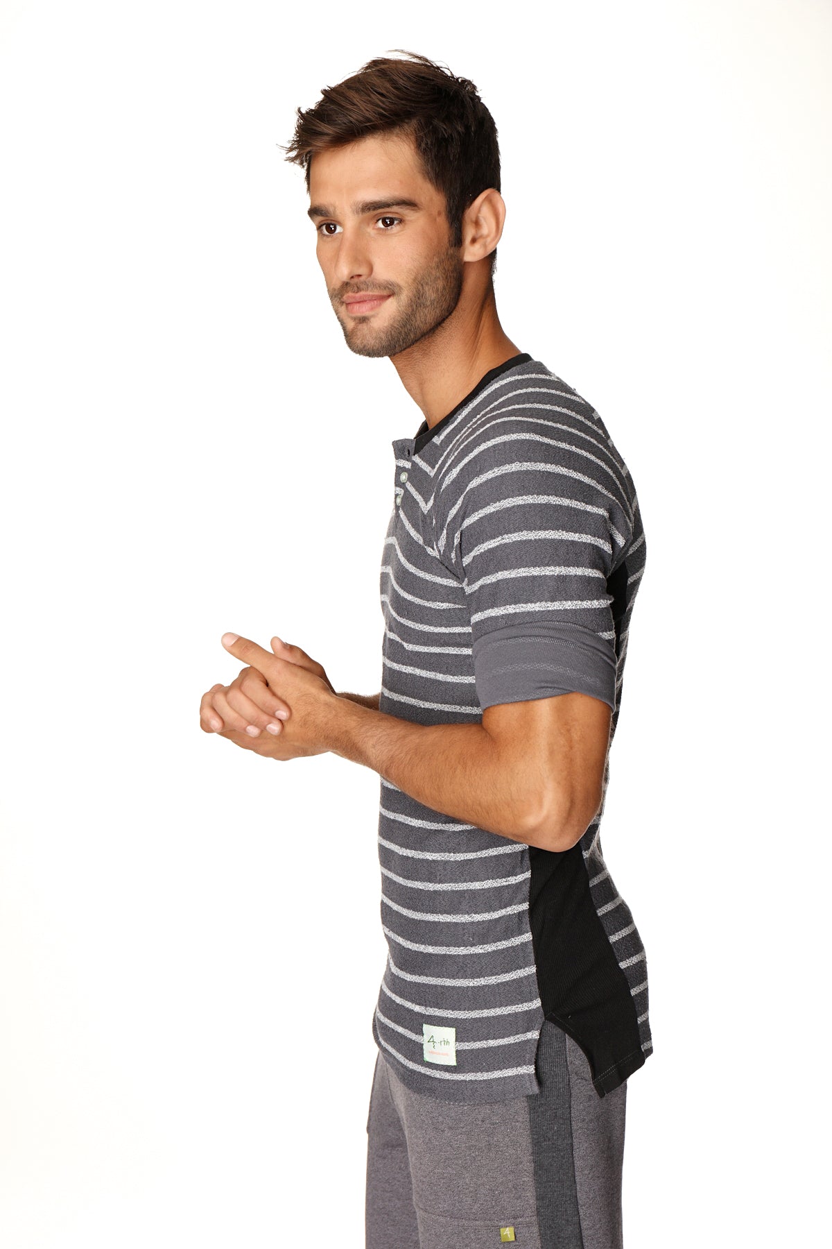4-rth mens vintage-stripe henley tee in charcoal french terry loop with gray white stripes and black side panels