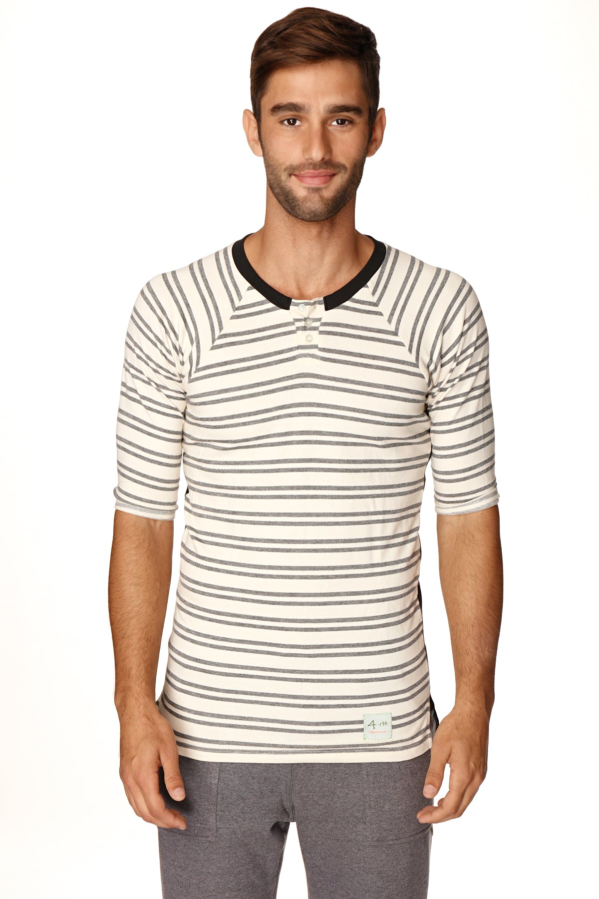 A mens short-sleeved henley shirt in dark grey double stripe french terry loop with black ribbed collar and brand tag