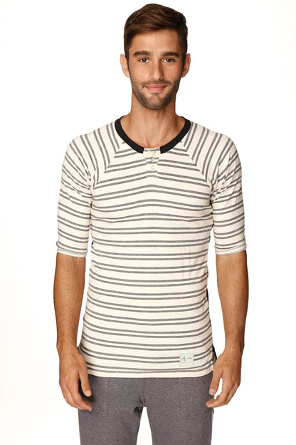 A mens short-sleeved henley shirt in dark grey double stripe french terry loop with black ribbed collar and brand tag