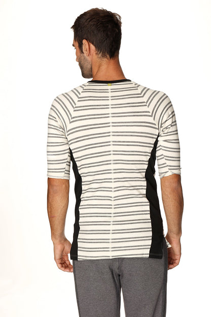 A 4-rth mens vintage-stripe henley tee in dark grey double stripe french terry loop with black side panels