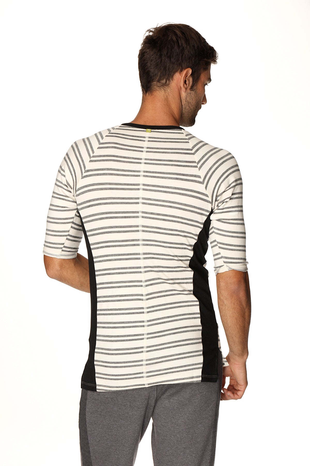 A 4-rth mens vintage-stripe henley tee in dark grey double stripe french terry loop with black side panels and green button