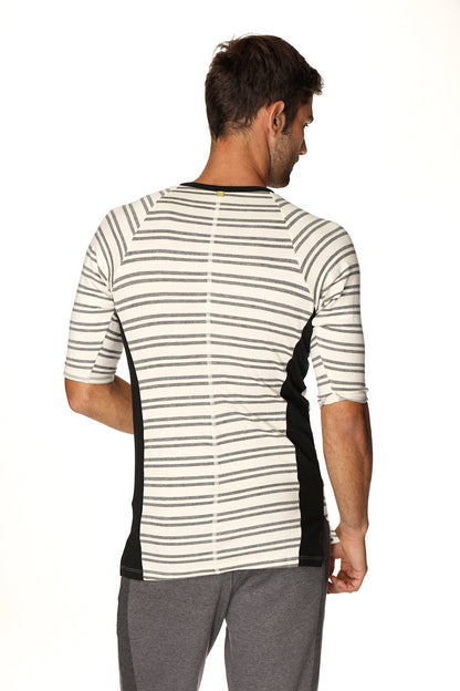 A 4-rth mens vintage-stripe henley tee in dark grey double stripe french terry loop with black side panels and green button