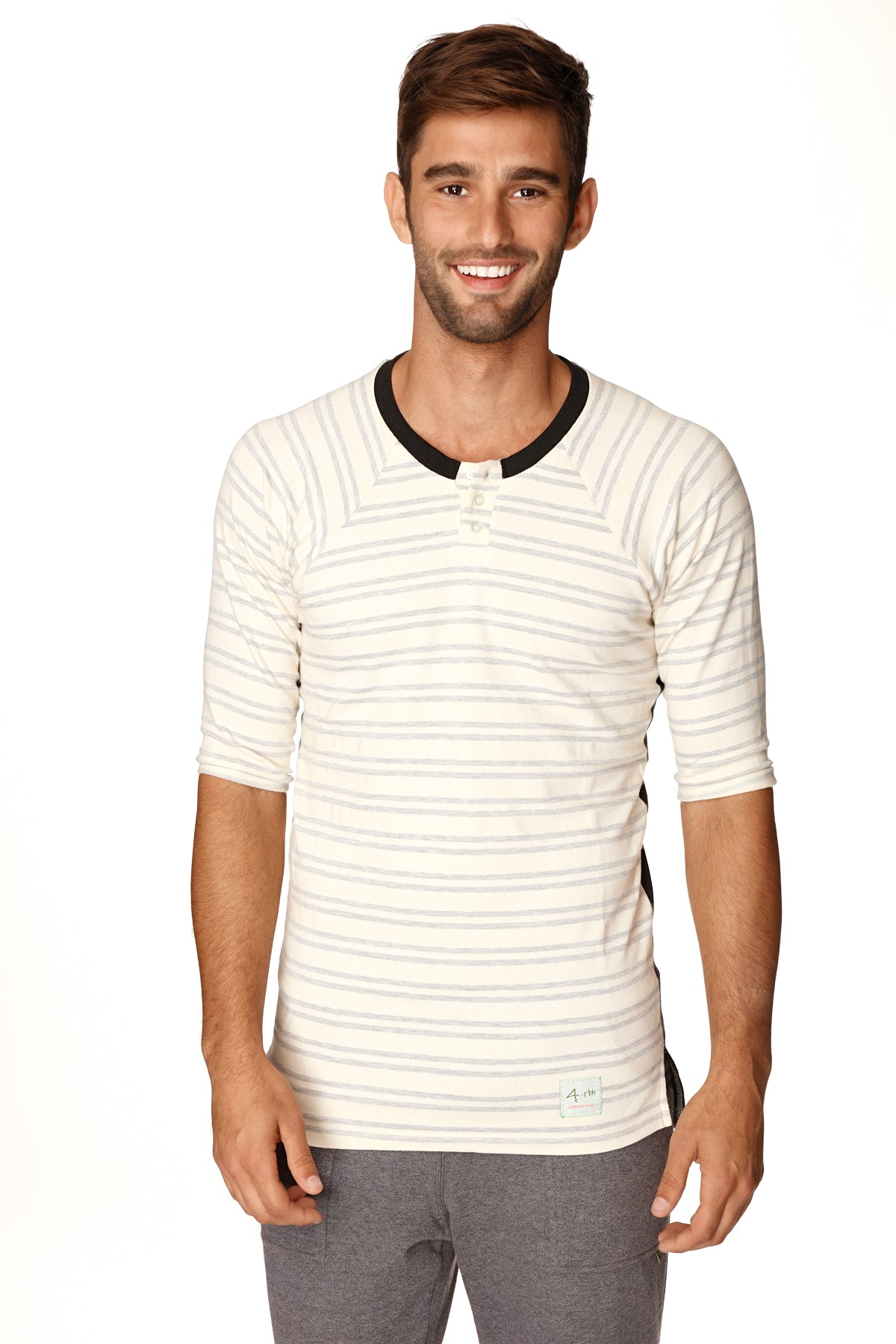 4-rth mens vintage-stripe henley tee in french terry loop with cream and gray stripes and black ribbed collar and cuffs