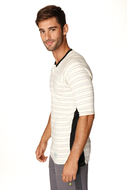 A men’s short-sleeved henley shirt with grey double stripes black side panels collar and green logo in French terry loop