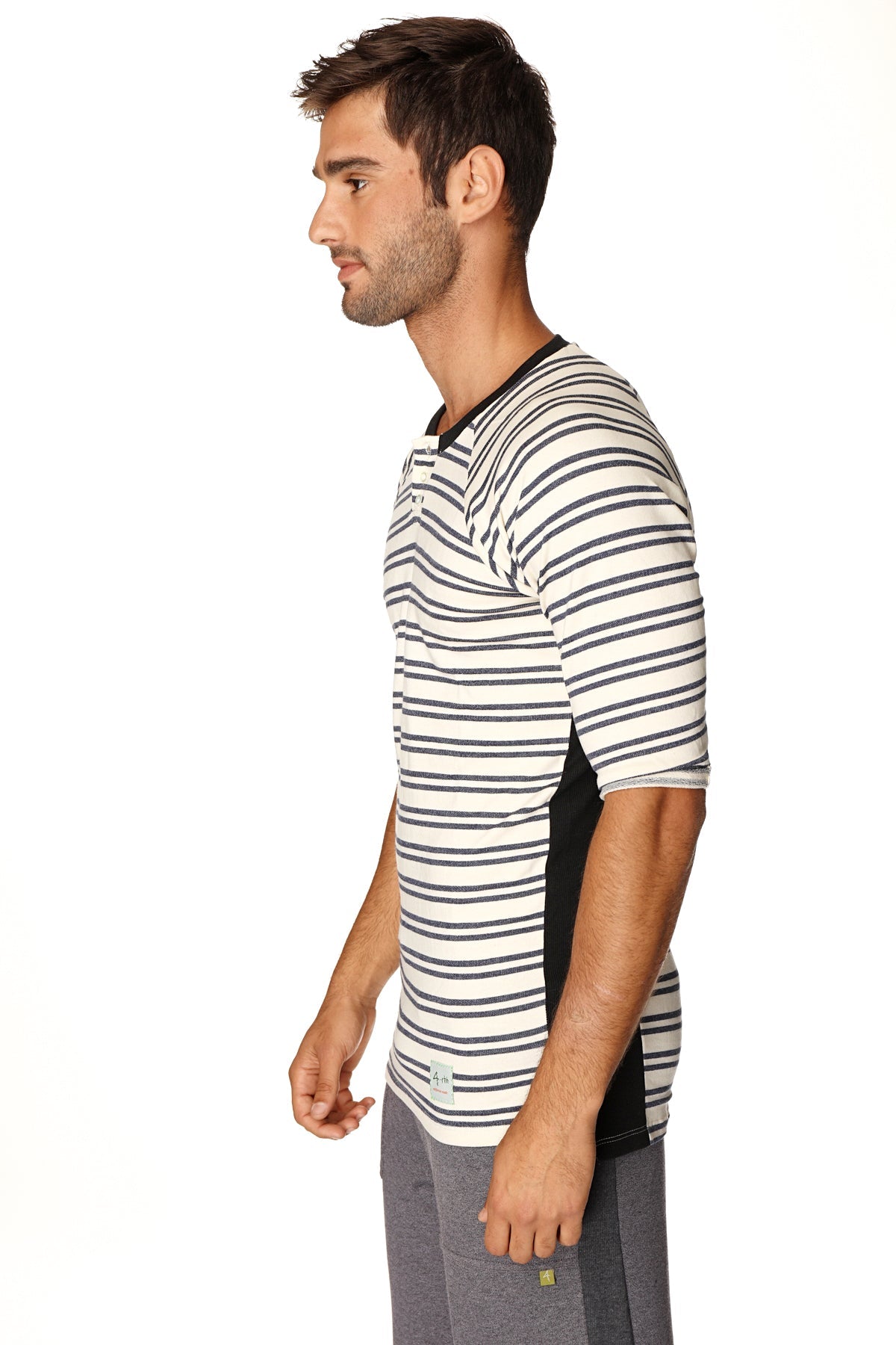 4-rth mens vintage-stripe henley tee navy double stripe short-sleeved french terry loop shirt with black side panels